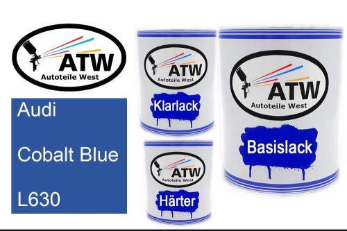 Audi, Cobalt Blue, L630: 1L Lackdose + 1L Klarlack + 500ml Härter - Set, von ATW Autoteile West.